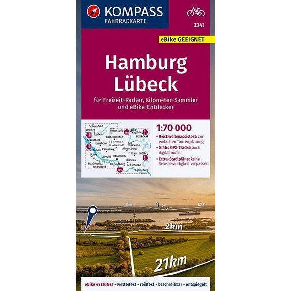  KOMPASS Fahrradkarte Hamburg, Lübeck 1:70.000, FK 3341 - Fahrradkarte